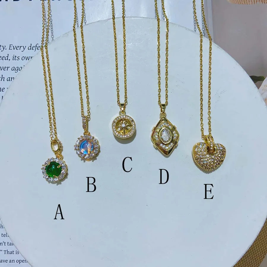 Wholesale Jewelry Casual Romantic Commute Round Heart Shape Rhombus 304 Stainless Steel Copper Moonstone Zircon 18K Gold Plated Plating Inlay cable chain Pendant Necklace