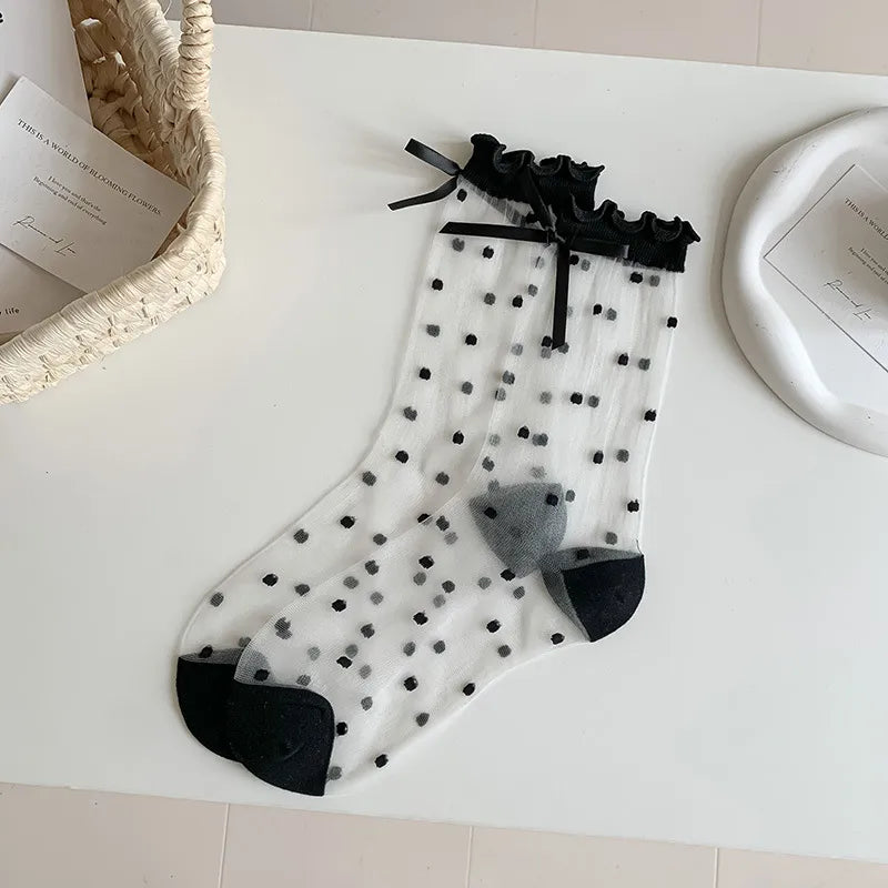 A Pair Cute Modern Style Women's Polka Dots Bow Knot Nylon Crew Socks