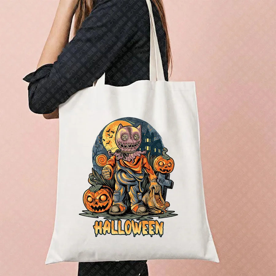 Halloween Movie Pattern Canvas Tote Bag Reusable Shopping Shoulder Bag Travel Large Square Printed Handbag Retro Style Women