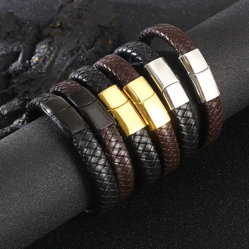 Business Retro Solid Color Stainless Steel Leather 18K Gold Plated Men's Bangle