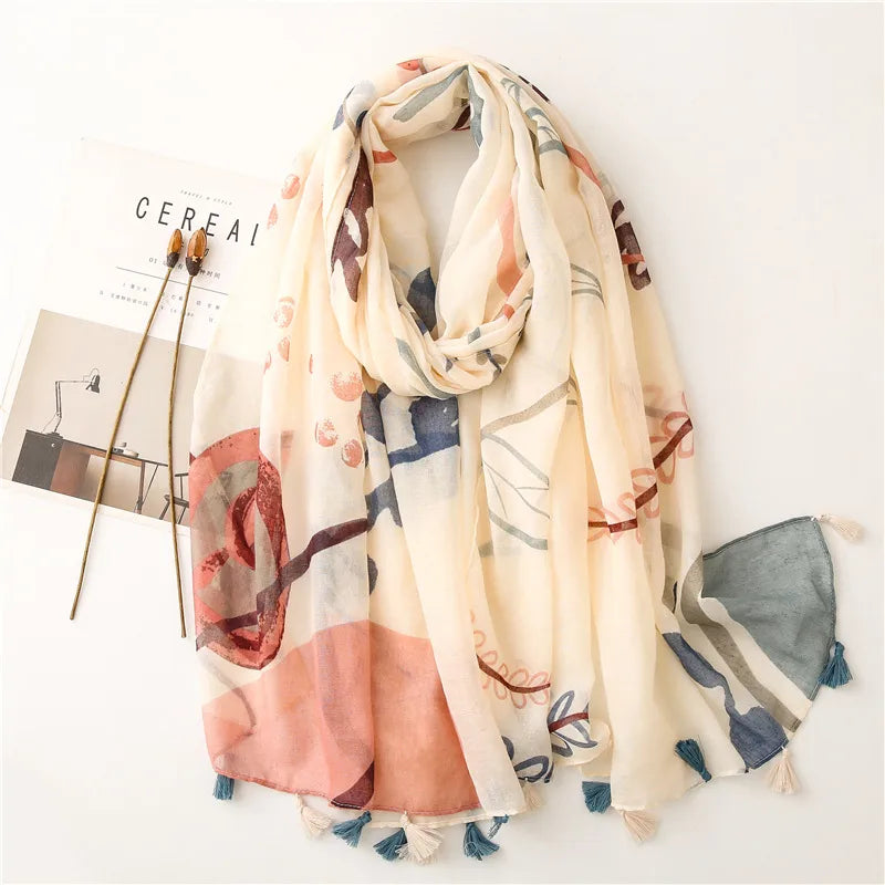 retro plain beige bottom small flower tassels thin gauze scarf