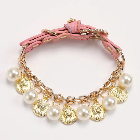 1 Piece All Seasons Elegant Cute Pu Leather Pearl Leash Pet Collar