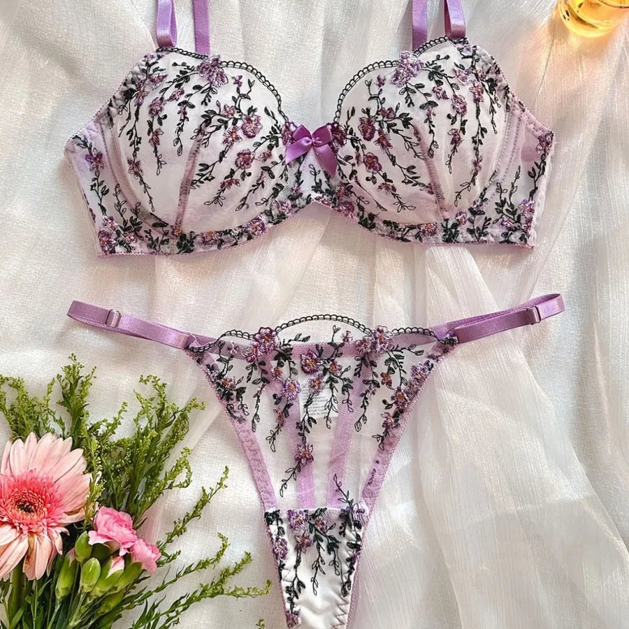 Women's Sexy Flower Sexy Lingerie Sets Home Honeymoon Sheer Bra Low Waist See-Through Sexy Lingerie