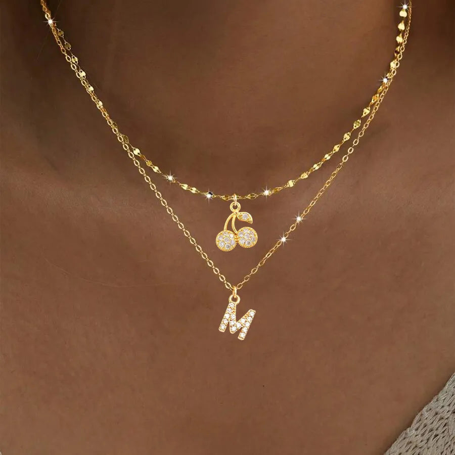 Wholesale Jewelry Elegant Simple Style Classic Style Letter Cherry 201 Stainless Steel Copper Zircon Lip Chain cable chain Pendant Necklace