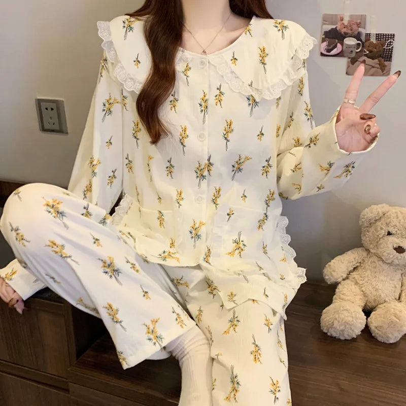 Sweet Cherry Cloud Cotton Long Sleeve Spring Home Clothes Set For Girls Comfortable Breathable Sleepwear Casual Style
