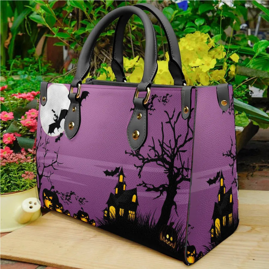 Printed Leather PU Halloween Ghost House Ladies Handbag Shoulderless Bag Street Style Fashion Square Shape Medium Size
