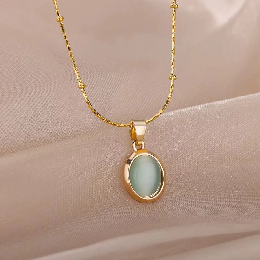 Wholesale Jewelry Elegant Sweet Geometric 304 Stainless Steel Cat's Eye Stone Plating cable chain Pendant Necklace