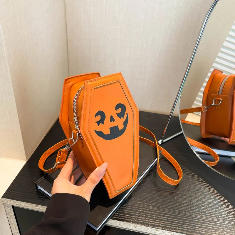 Creative Ghost Print Halloween Women's Bag Single Shoulder Casket Shape Fashionable Pumpkin Patterned Square PU Handbag