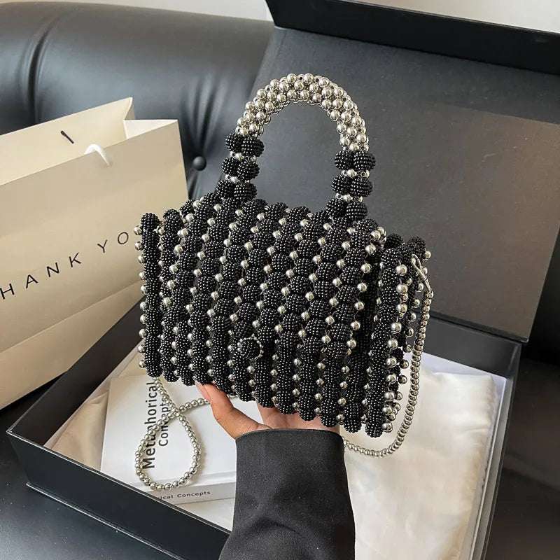 Black Arylic Solid Color Beading Weave Square Evening Bags