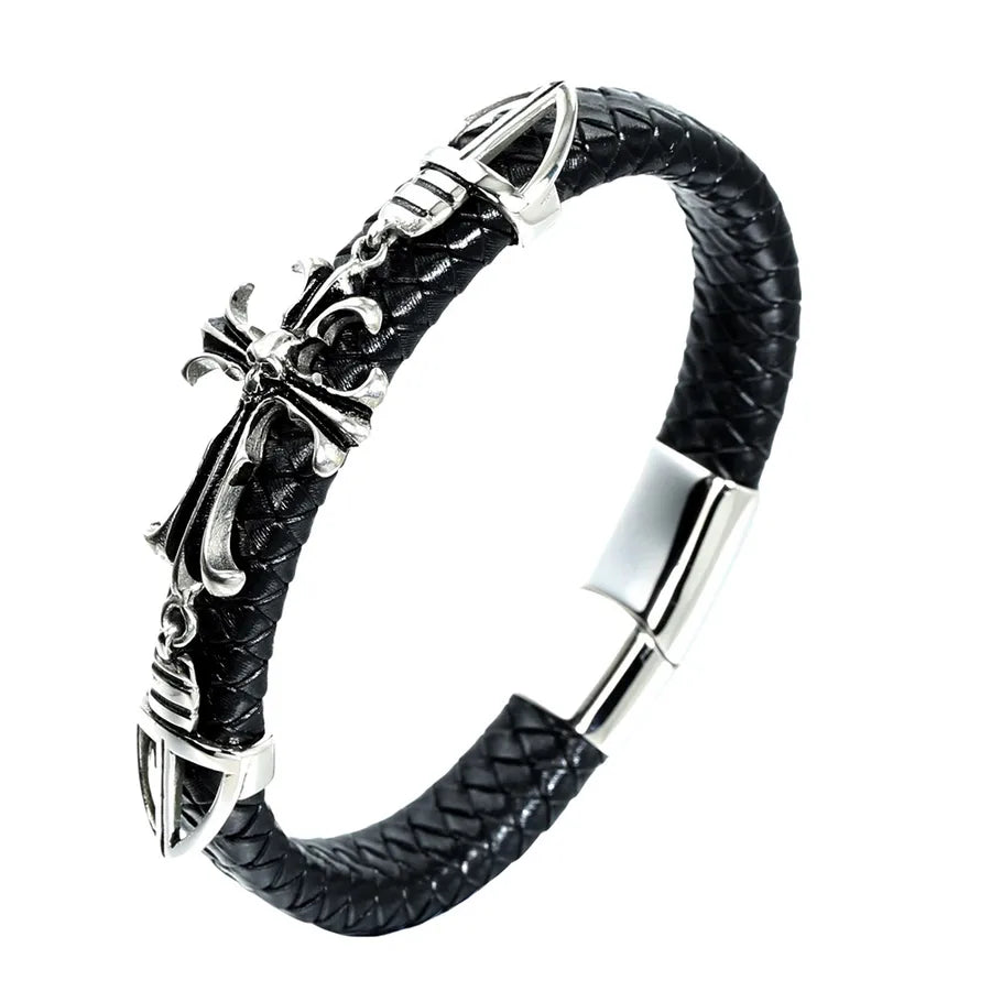Gothic Cross Skull Stainless Steel Pu Leather Braid None Halloween Unisex wristband