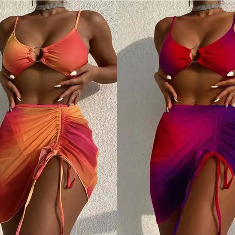 Women's Sexy Gradient Color 3 Pieces Set Bikinis Swimwear