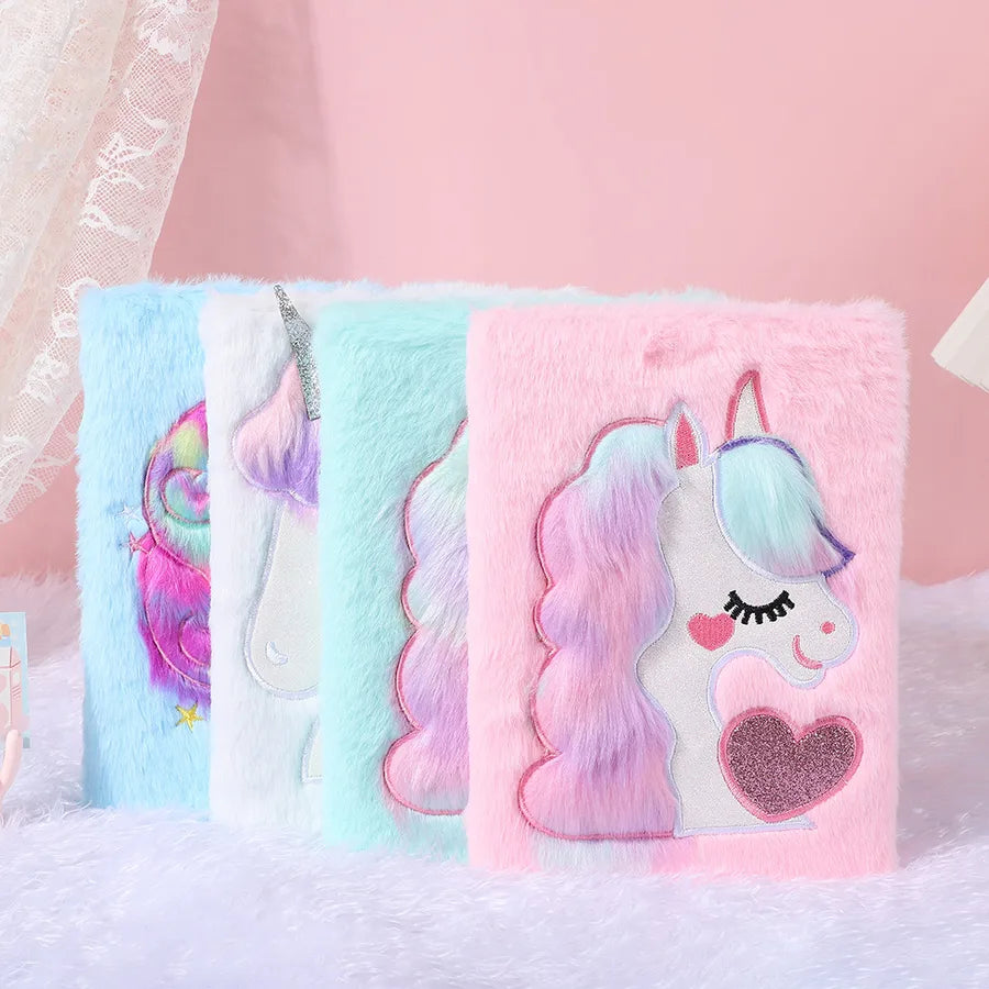 Adorable Cartoon  Shiny Plush Notebook Student Bullet Journal Bright Color  and White Base  and Pink Base