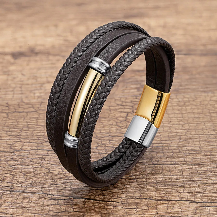 hip-hop geometric pu leather metal layered men's bracelets
