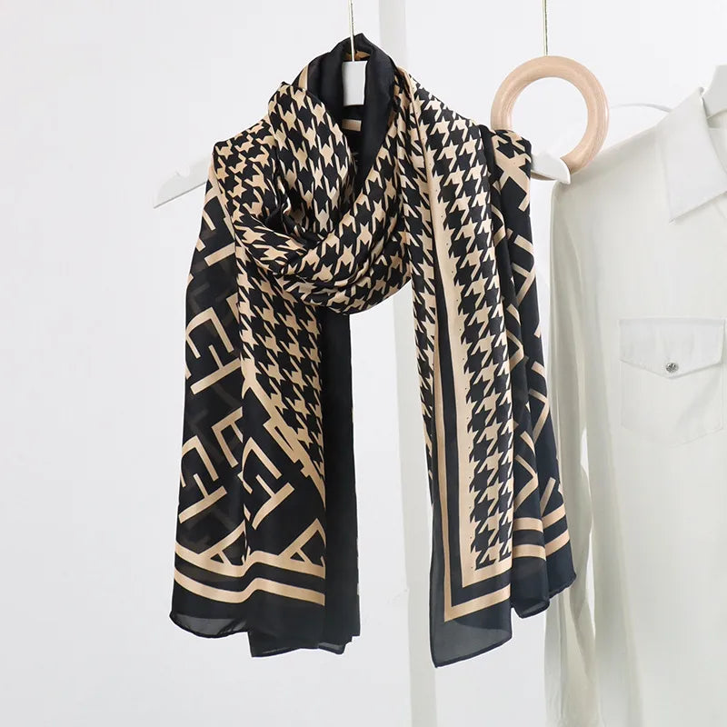 women's fashion letter plaid satin printing silk scarves