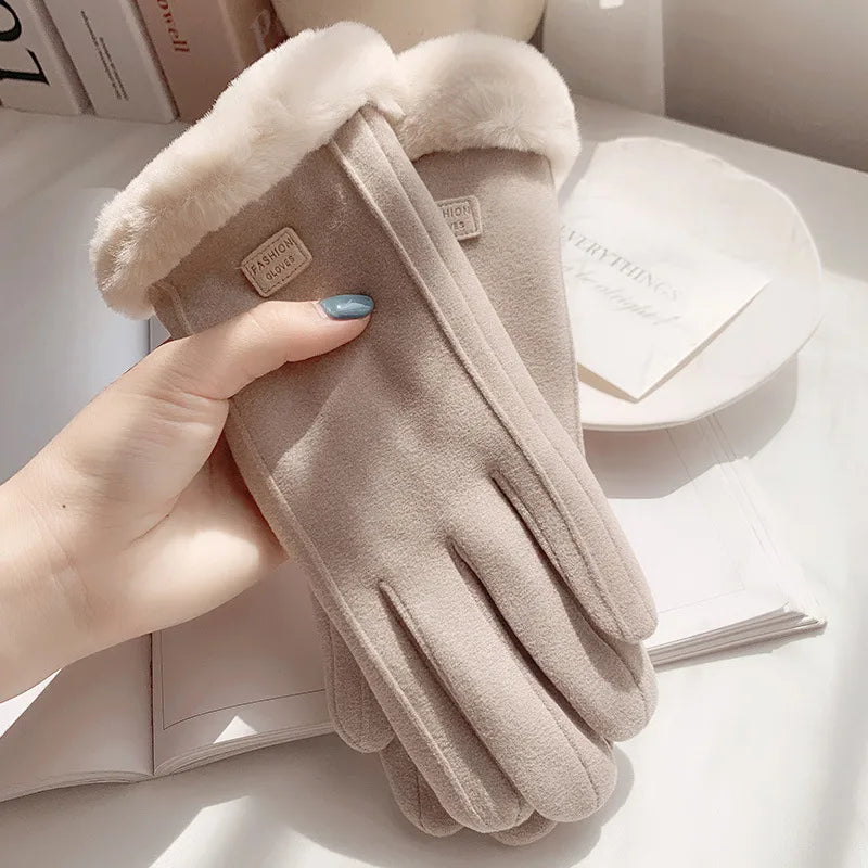 Warm gloves women's winter plus velvet padded suede autumn and winter cold-proof touch screen new cycling ski riding gloves