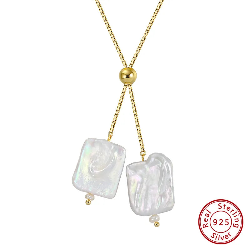 925 Sterling Silver Freshwater Pearl cable chain Plating Geometric Double Layer Necklaces Pendant Necklace Necklace