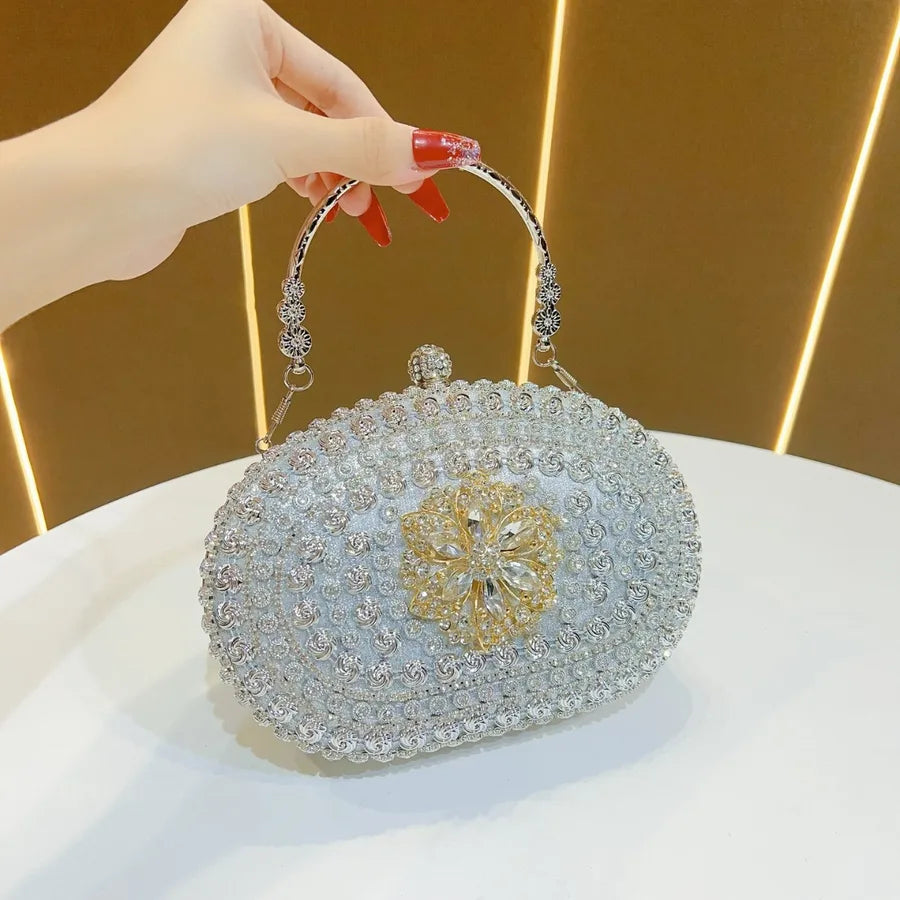 Elegant Evening Clutch Bag With Diamond Embellishments For Women Handbag Fashionable Chain Detail Polyester Oval Shell Bag