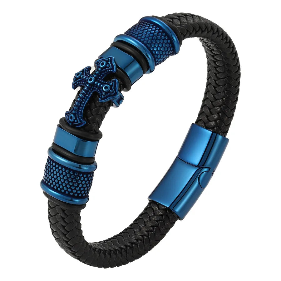 Hot Sale Leather Handmade Bracelet Authentic Leather Weave Gold Cross Men's Leather Bracelet Retro Fashion