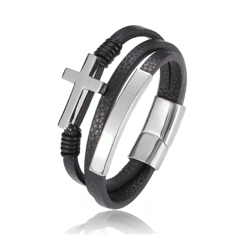 retro cross stainless steel pu leather men's bracelets 1 piece