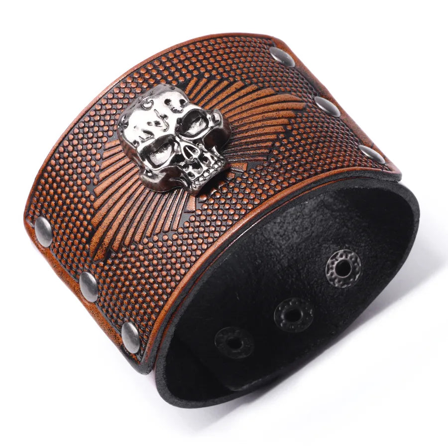 Vintage Style Skull Leather Halloween Men'S Bangle