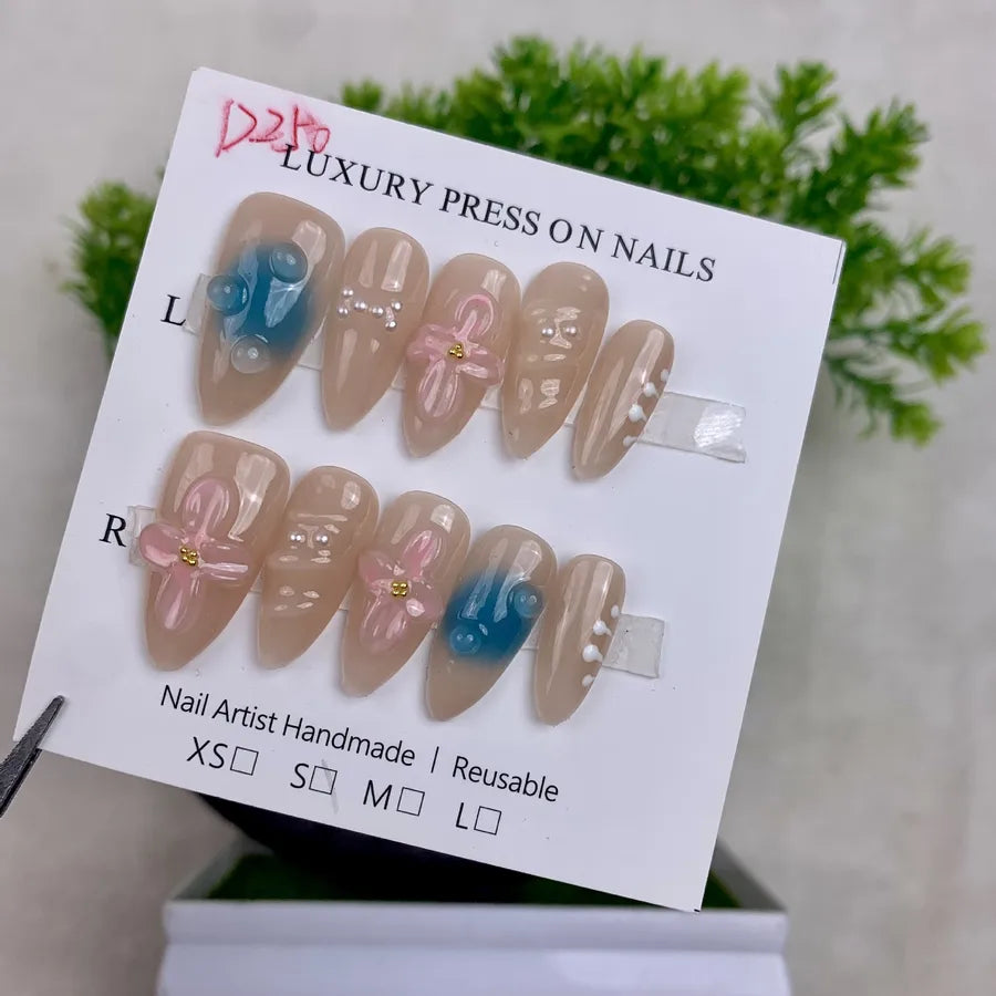 Handmade Detachable Shell Sculpture Cat Eye Almond Nails Ice Transparent Floral Design Wearable False Nails For Women