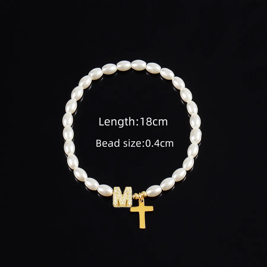 Simple Style Cross Letter 304 Stainless Steel Artificial Pearl Copper Beaded Chain Bracelets In Bulk