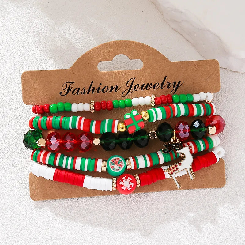 Handmade Christmas Letter Color Block Soft Clay Beaded Bracelet Festival Gift Women's Handmade Wristband Geometric Pattern