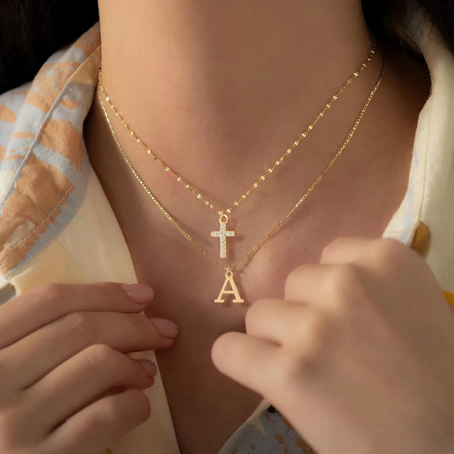 2 Pcs/set Gold Color Fashion Initial Letter Cross Pendant Lip Chain & 卍 Symbol Chain Stainless Steel Women Necklace