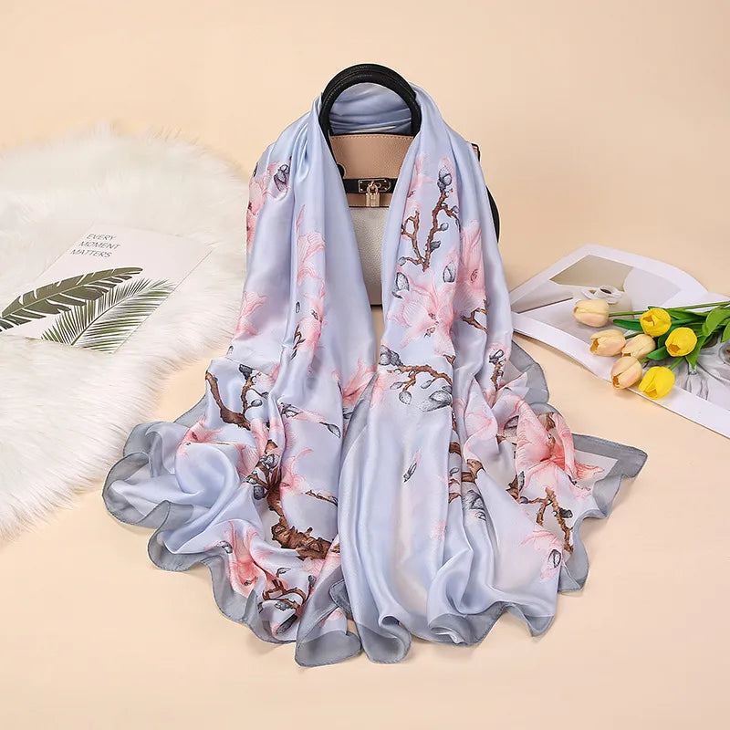 fashion flower satin printing silk scarves