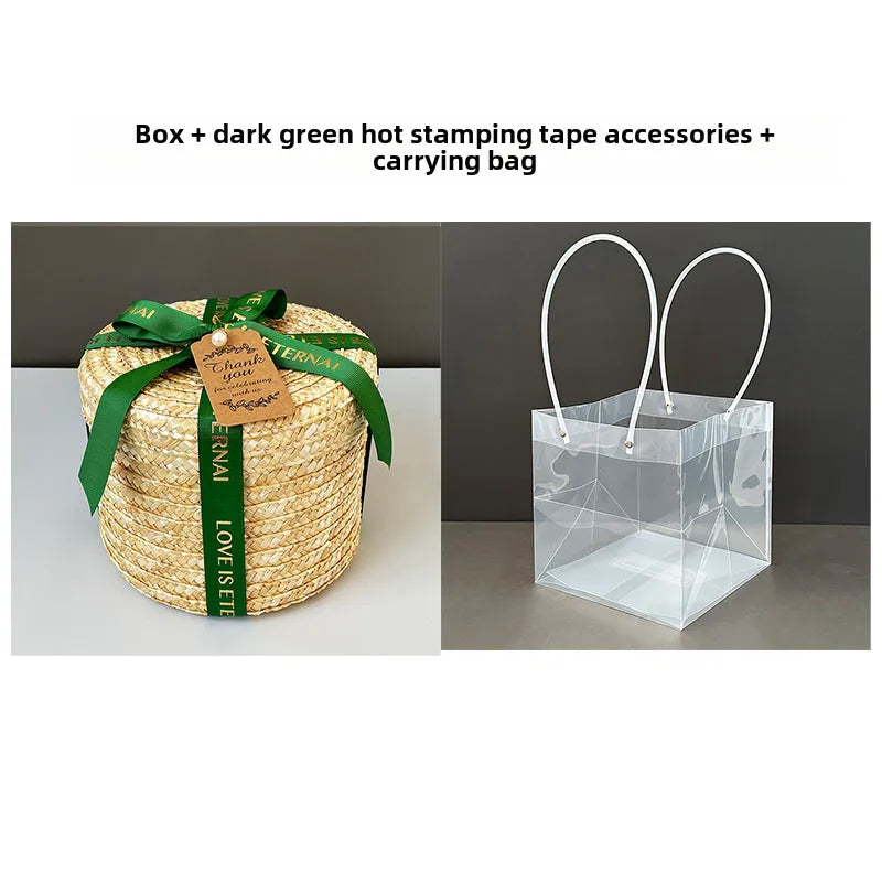 Round Straw Box with Lid Hug Bucket Rattan Hand Gift Box Baking Wedding  Storage Handmade Woven Box