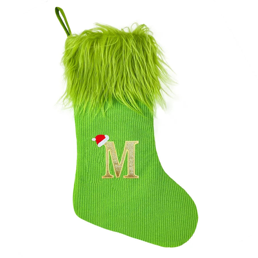 Christmas Decorations Knitted Plush Christmas Socks Letter Patterned Gift Bag Green Velvet Stockings Festive European Style