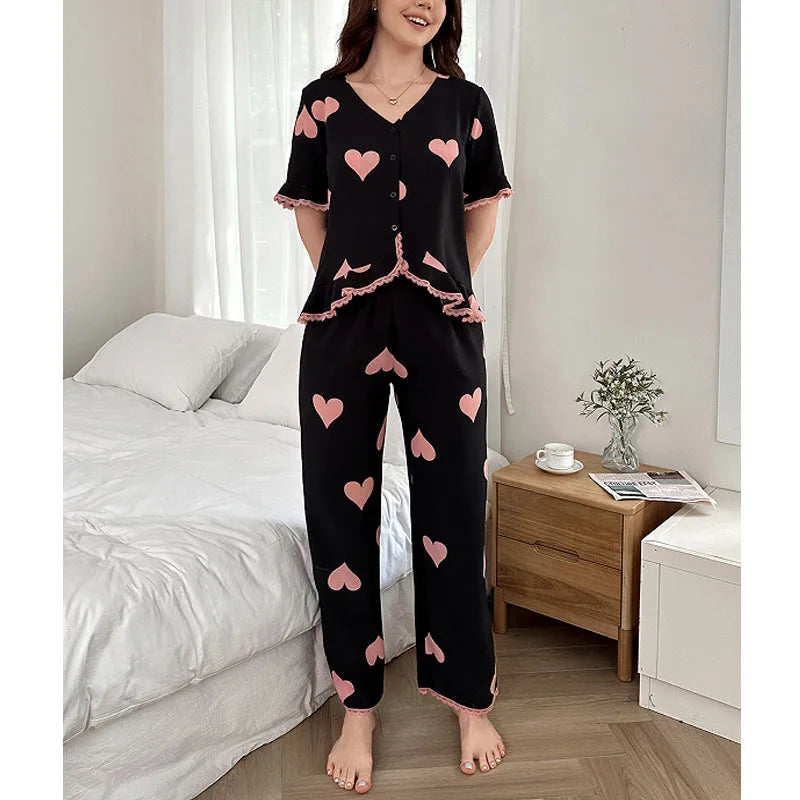 Women's Round Neck Cardigan Sleepwear Set Spring Summer New Style European Fashion High Sensation Heart Print Long Pants Home Clothes