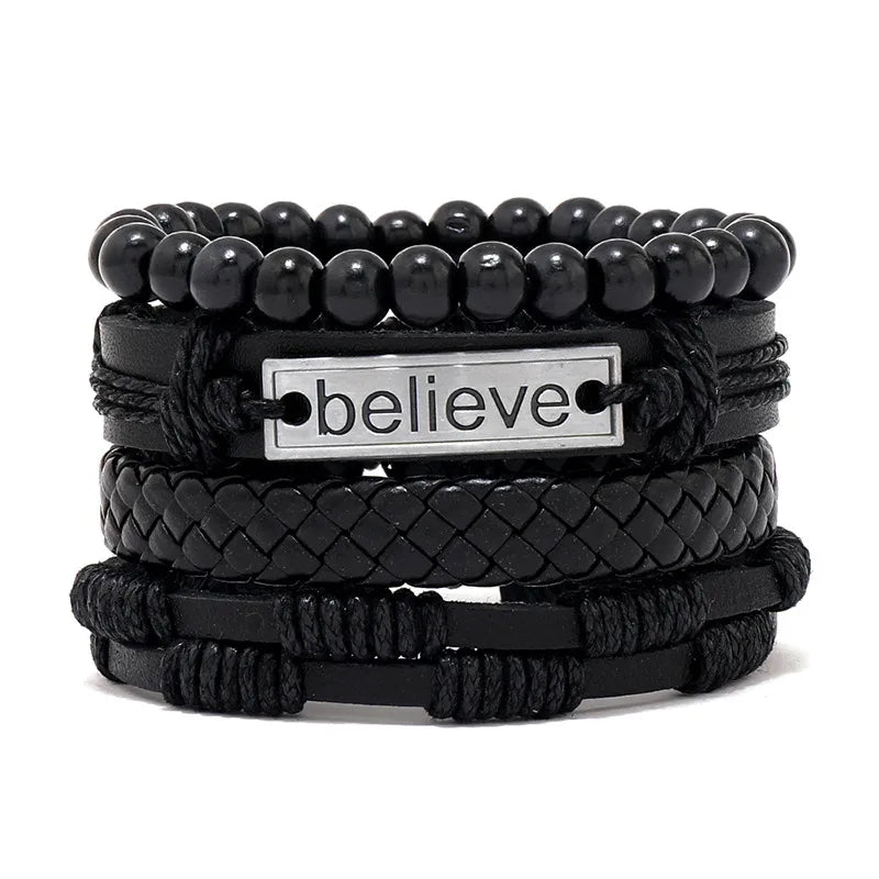 fashion cross letter pu leather beaded unisex bracelets 4 pieces