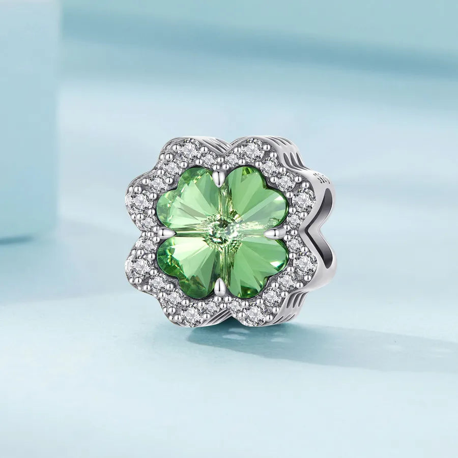 Aifule  Hot Green Lucky Four-Leaf Clover Beaded S925 Sterling Silver Scattered Beads DIY Ornament Accessories Wholesale