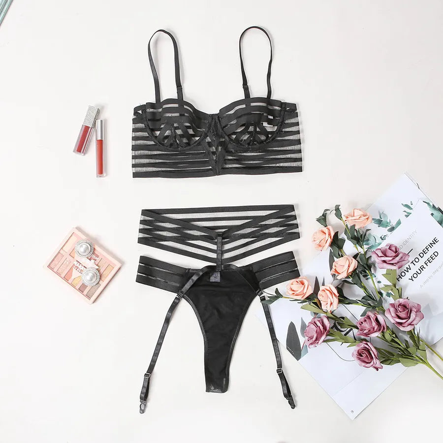 solid color black sexy ribbon sexy underwear three-piece suit
