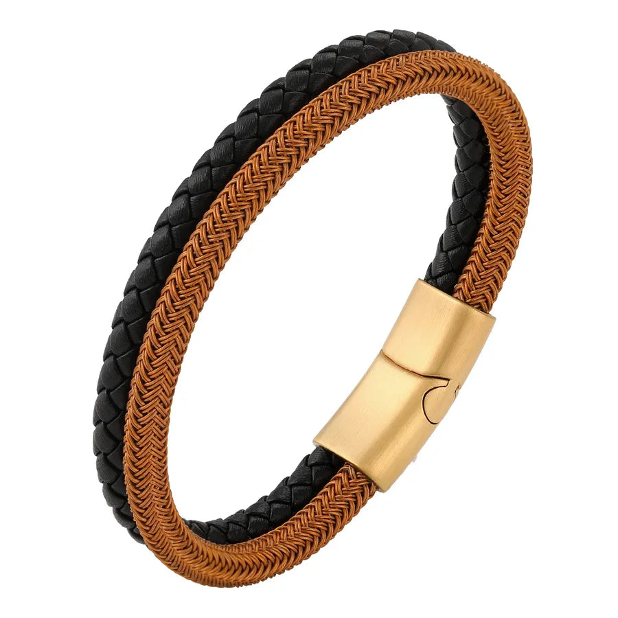 Classic Style Geometric Pu Leather Titanium Steel Woven Chain Wrap Bracelets Wholesale