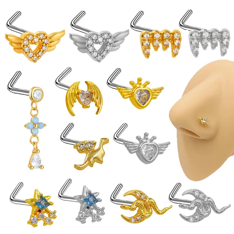 1 Piece Nose Rings & Studs Simple Style Classic Style Animal Heart Shape Snake 316L Stainless Steel  Copper Plating Inlay Acrylic Glass Zircon Gold Plated Nose Rings & Studs
