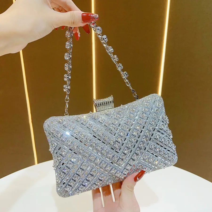 New Evening Gown Diamond Clutch Bag Single Shoulder Crossbody Women's Handbag Pillow Shape Polyester Striped Pattern