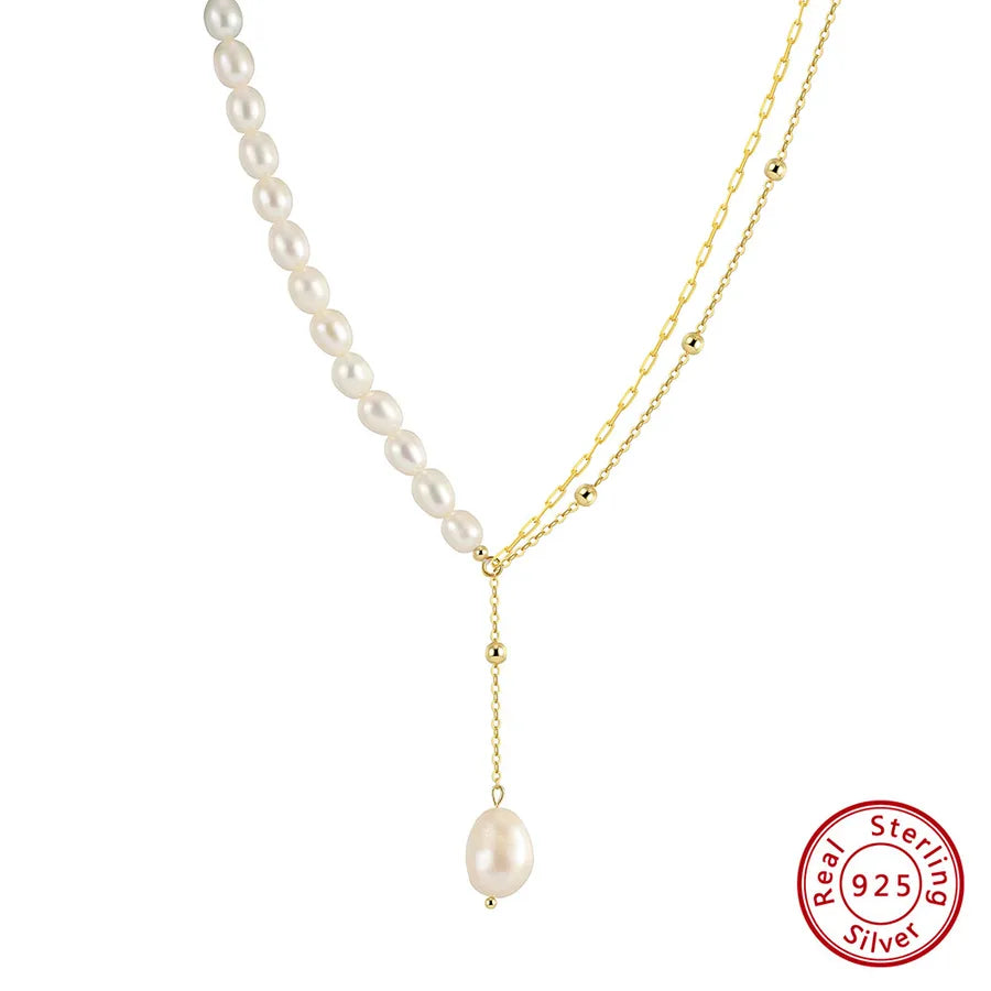 925 Sterling Silver Freshwater Pearl cable chain Plating Geometric Double Layer Necklaces Pendant Necklace Necklace