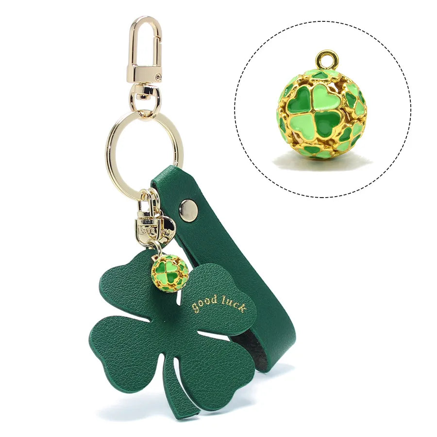 Lucky Four-Leaf Clover Car Leather Key Chain Pendant Internet Celebrity Valentine's Day Gift Four-Leaf Clover Bell Pendant