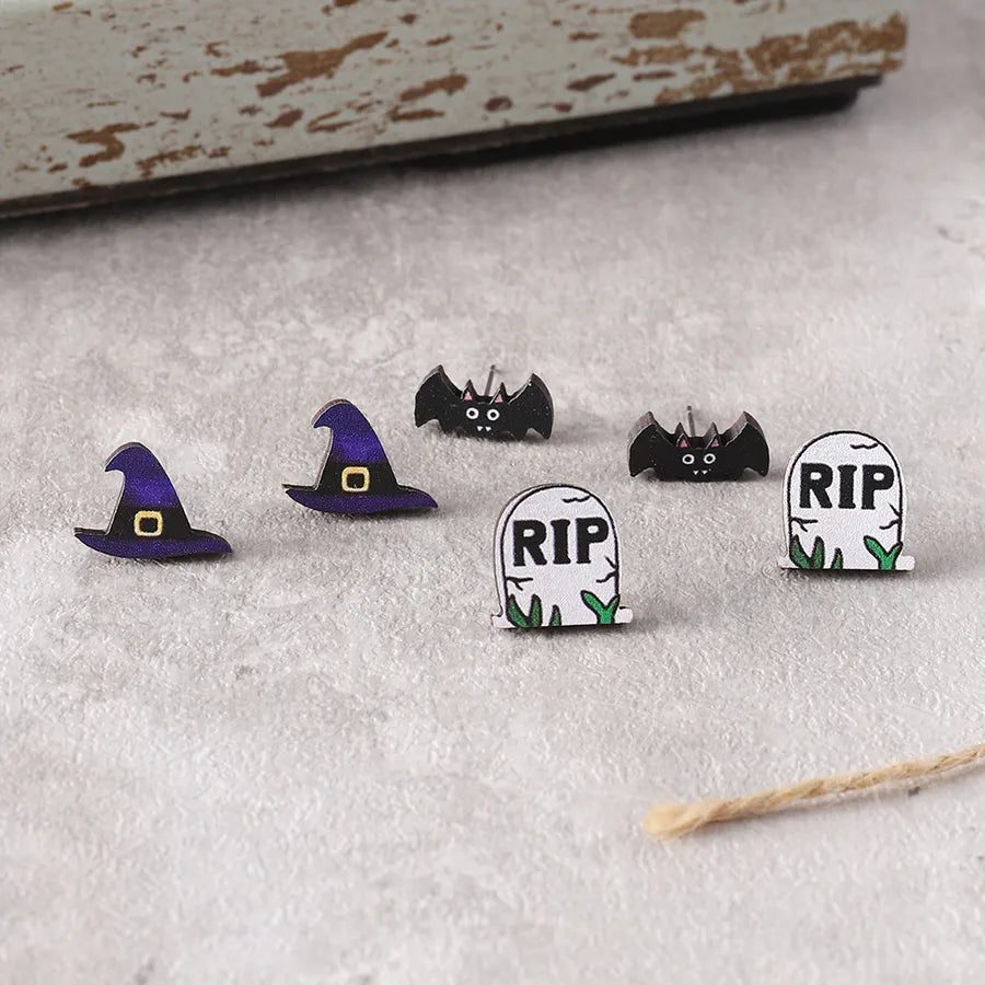 Wooden Vintage Halloween Party Ear Studs Set For Women Bat Pumpkin Witch Hat Skeleton Black Cat Design Stainless Steel Post