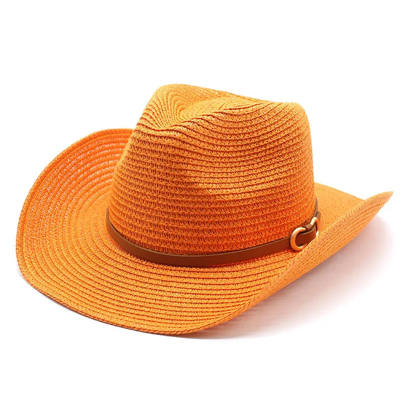 women's cowboy style solid color flat eaves straw hat