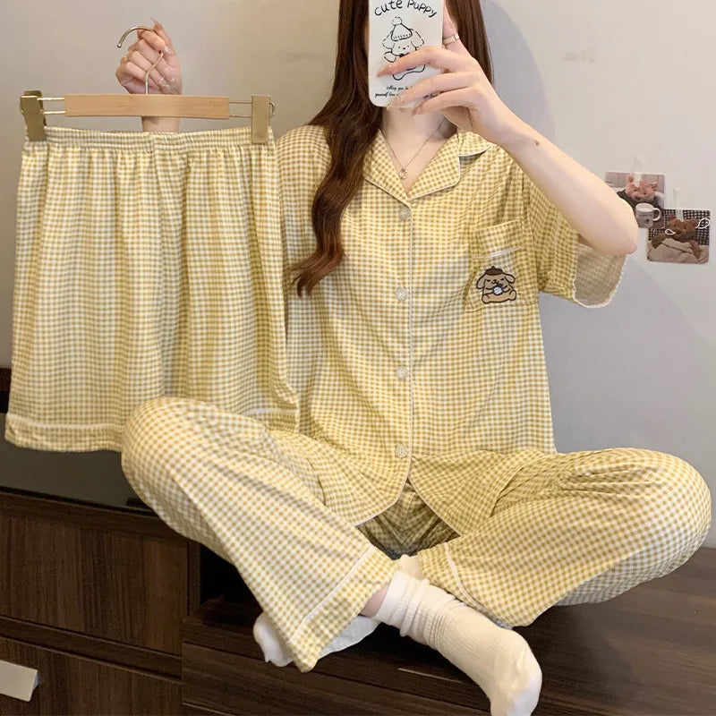 Sweet Heart Plaid Long Sleeve Sleepwear Set Women's Home Clothes Spring Autumn Season Polyester Milk Silk Thin Breathable Casual