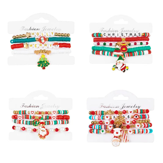 Christmas Themed Bracelet Set Snowflake Santa Pendant Elastic Rope Chain Adjustable Clasp Soft Ceramics Alloy Festive Jewelry