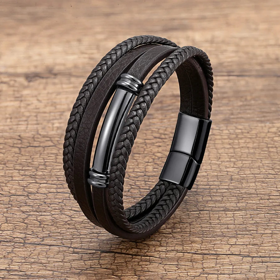 hip-hop geometric pu leather metal layered men's bracelets