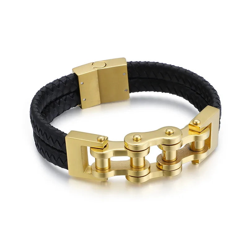 Simple Style Geometric Stainless Steel Pu Leather Plating 18K Gold Plated Men's Bracelets