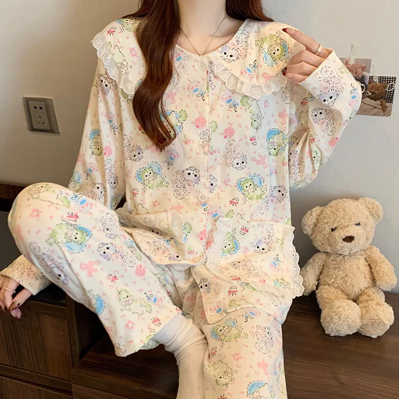 Sweet Cherry Cloud Cotton Long Sleeve Spring Home Clothes Set For Girls Comfortable Breathable Sleepwear Casual Style