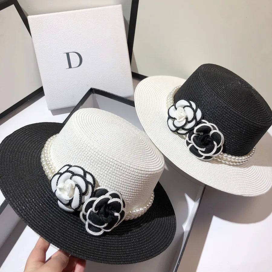 women's elegant pastoral simple style color block flowers big eaves straw hat