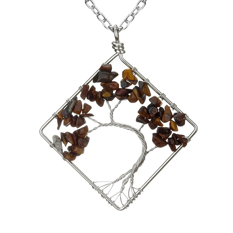 fashion square tree natural stone crystal metal beaded hollow out pendant necklace 1 piece
