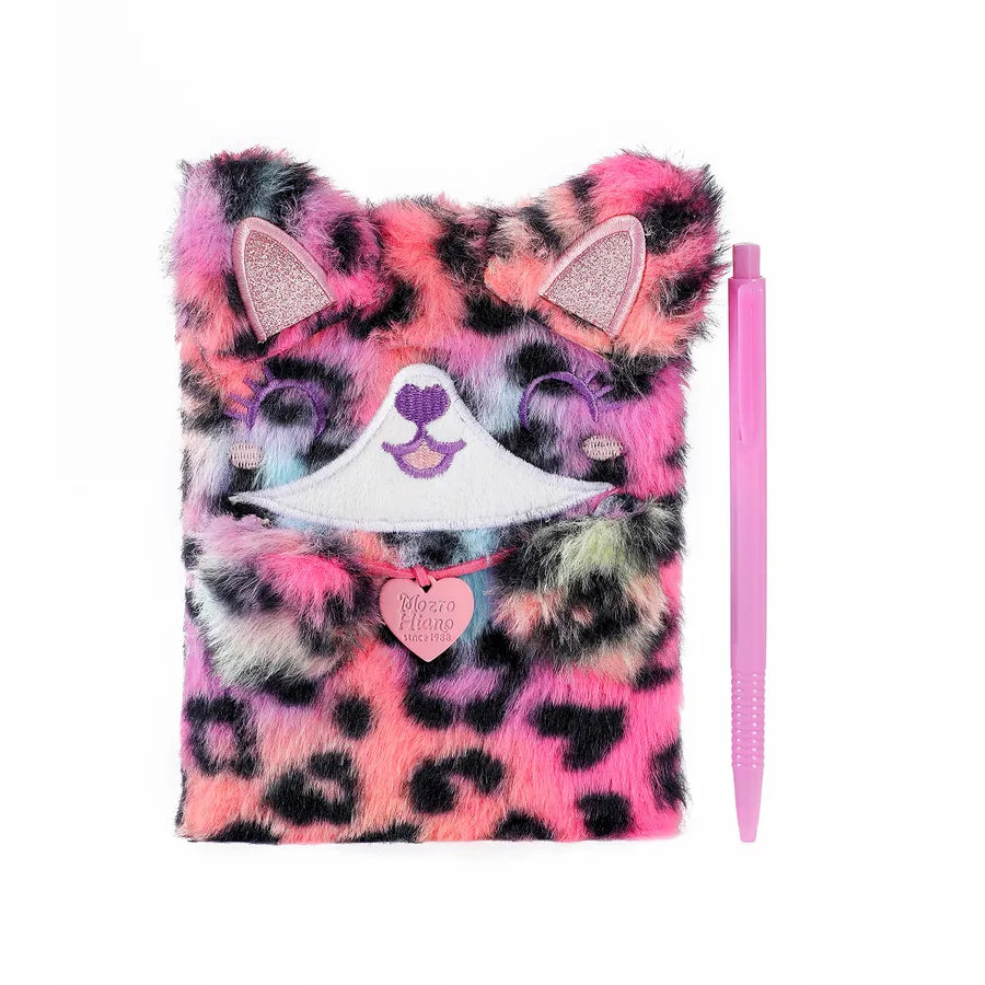 Cartoon Plush Cat Dog Notebook Set Of 2 With Pen Children's Cute Writing Notebook Gift Book Colorful Furry Leopard Pattern
